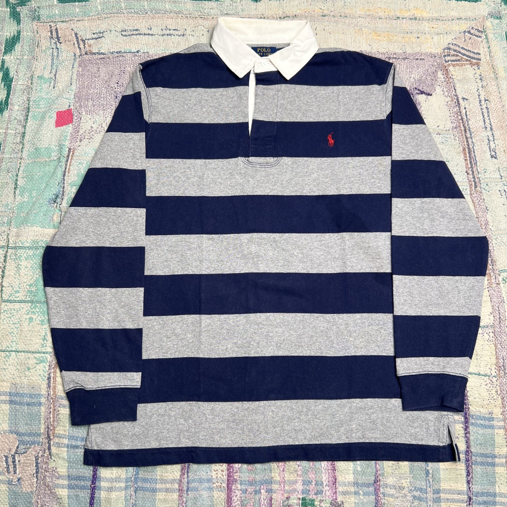 Polo Ralph Lauren Rugby Shirt Men XL Blue Grey Striped Long Sleeve Classic Pony